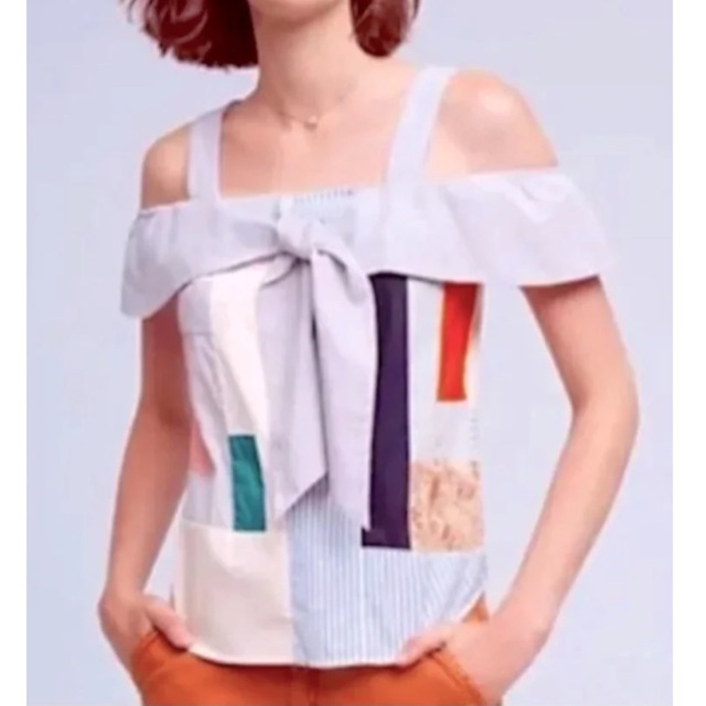 NWOT Anthropologie Maeve Medley Patchwork Cotton Bow Top size 0